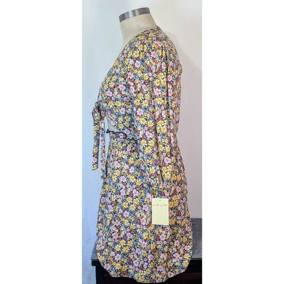 Bebop Ditsy Floral Dress XL Yellow/Navy Boho Cutout Midriff Tie Front Mini New - Picture 3 of 9